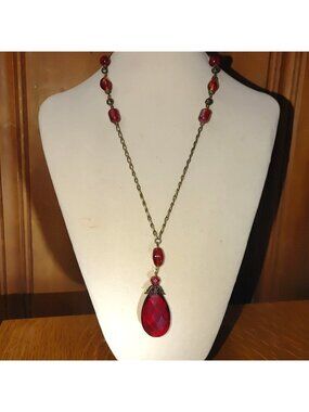 Red Glass Beaded Necklace Faceted Vintage Style Teardrop Pendant On Bronze Chain